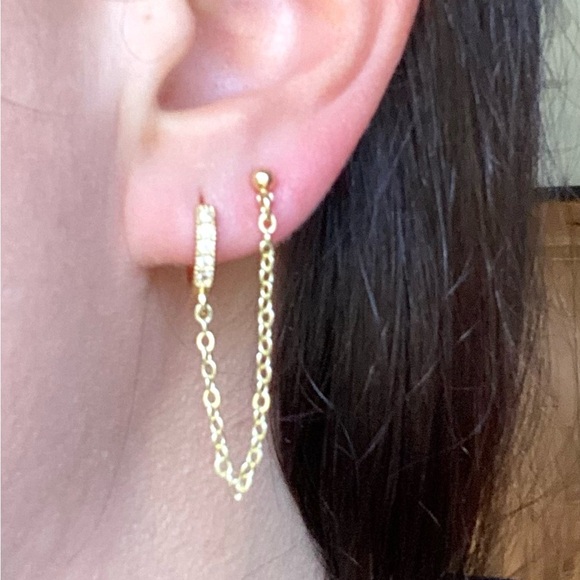 Cubic Zirconia Huggies Double Pierce Drop Chain Earrings - Picture 3 of 5